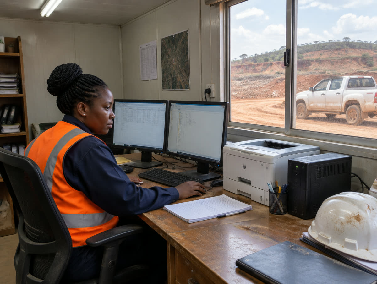 A site office overlooking red earth and a parked pickup