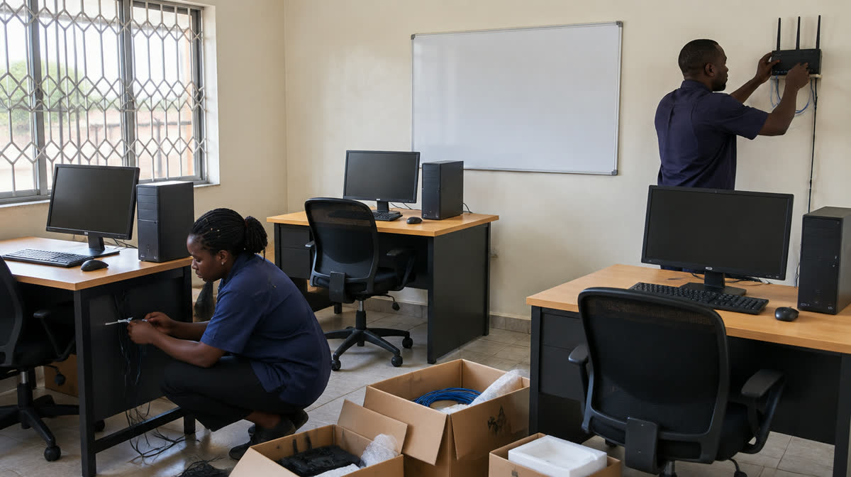 Technicians setting up computers in a new office