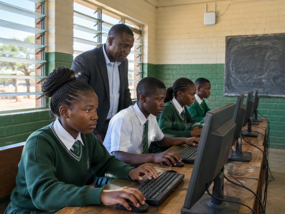 Pupils at computers in a Zambian classroom