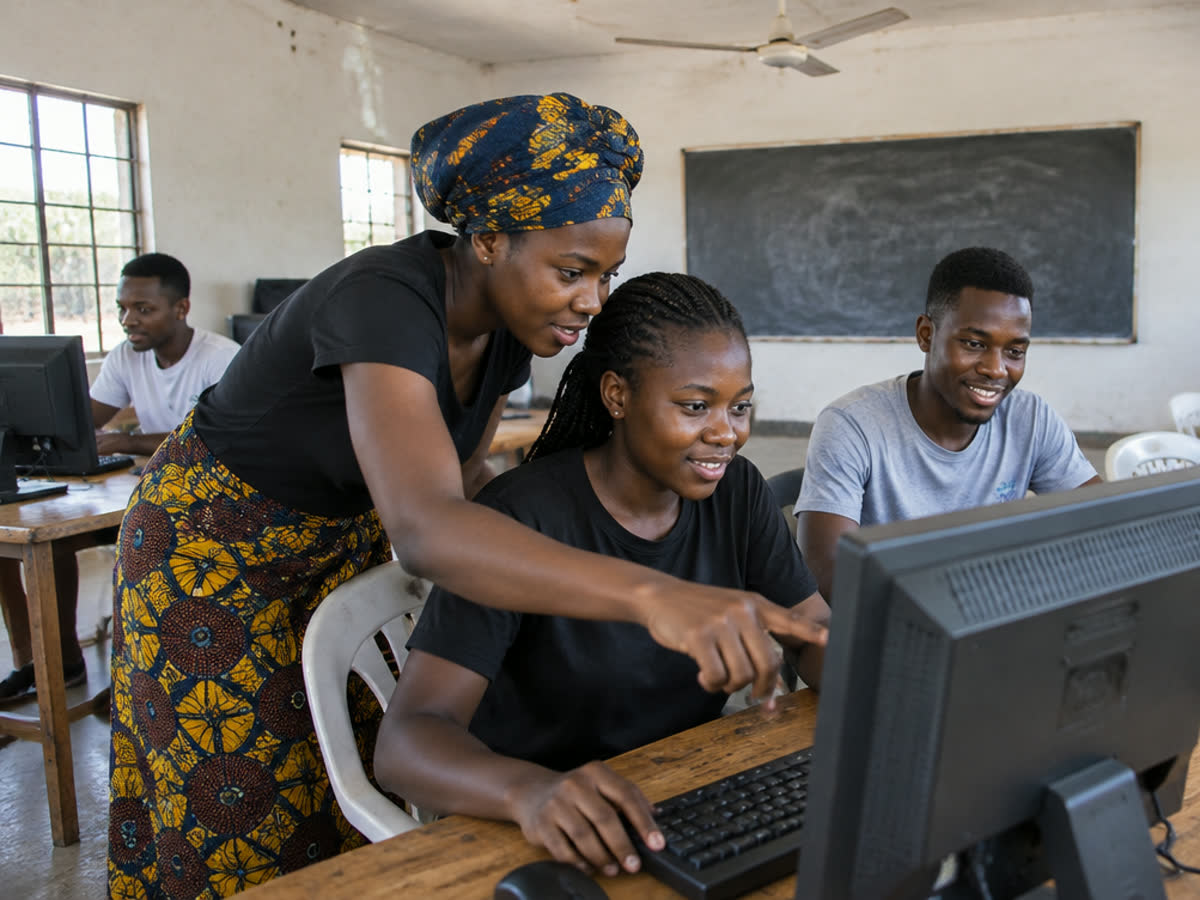 Young Zambian adults learning at desktop computers in a training room, one pointing at a classmate's screen
