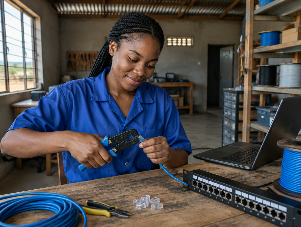 A young Zambian woman in a blue work shirt crimping an Ethernet cable at a workshop bench