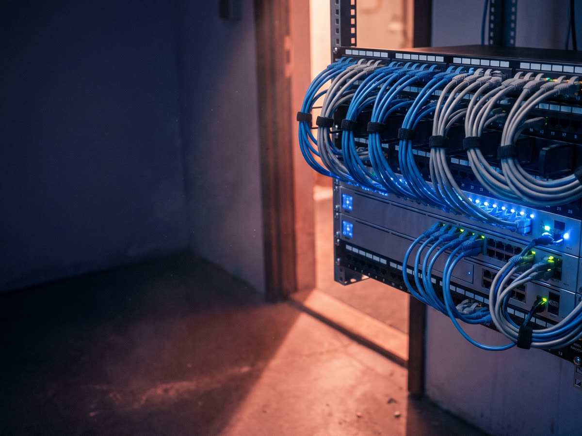 Patch panel and switches in a wall cabinet