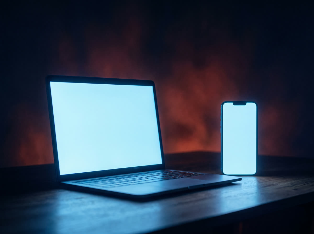 A laptop and a phone lit up on a desk